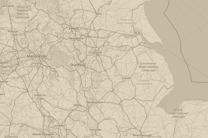 Map of the area around field outside of Retford, with the reported position circled