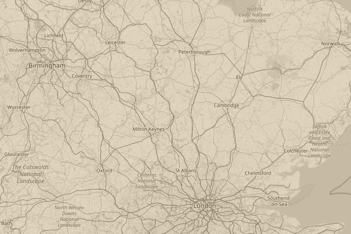 Map of the area around Bedford,Bedfordshire ,England, with the reported position circled