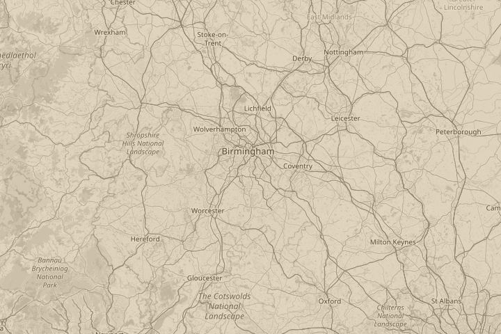 Map of the area around Birmingham, United Kingdom, with the reported position circled