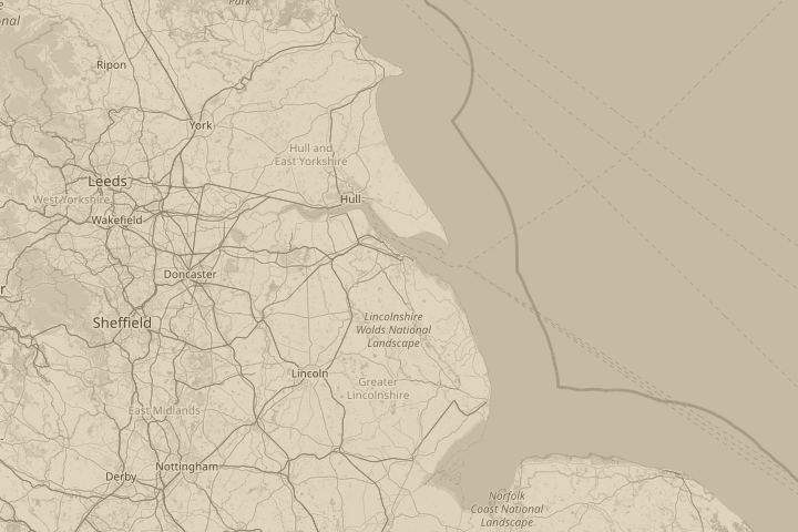 Map of the area around grimsby lincolnshire uk, with the reported position circled