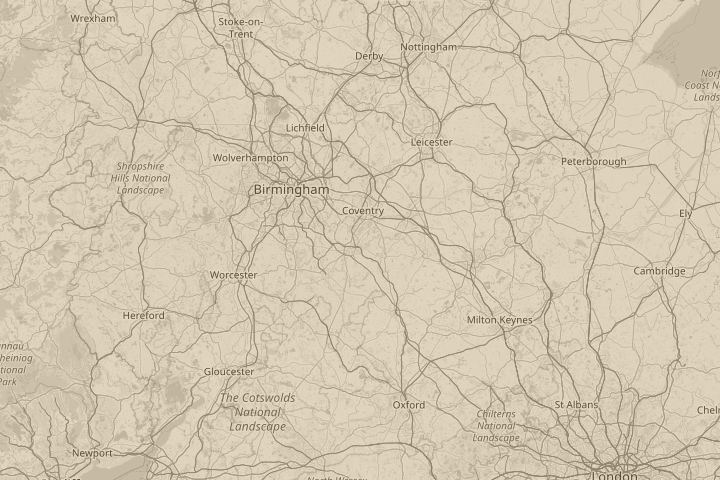 Map of the area around in the sky above houses, with the reported position circled