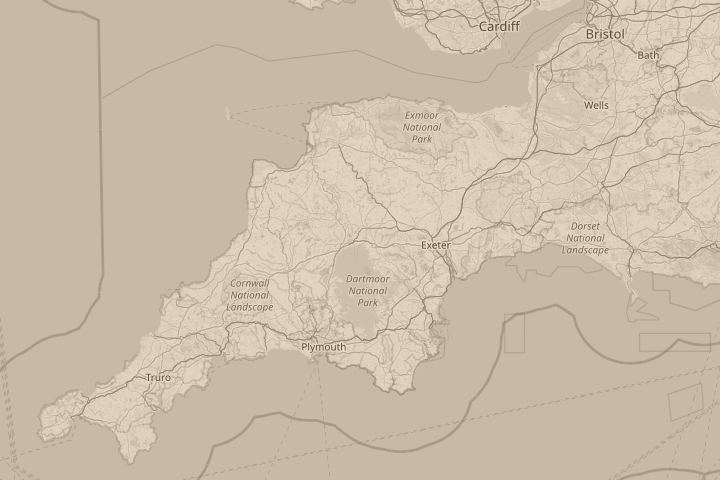 Map of the area around 10 m east of Okehampton, Devon, with the reported position circled