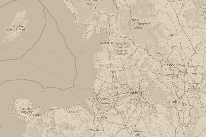 Map of the area around NW England, UK, with the reported position circled