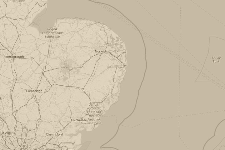 Map of the area around lowestoft uk, with the reported position circled