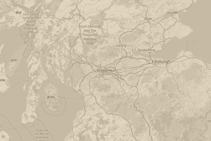 Map of the area around Glasgow, Scotland, with the reported position circled