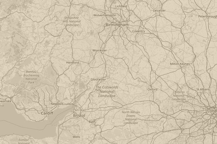 Map of the area around Bishops Cleeve Cheltenham, with the reported position circled