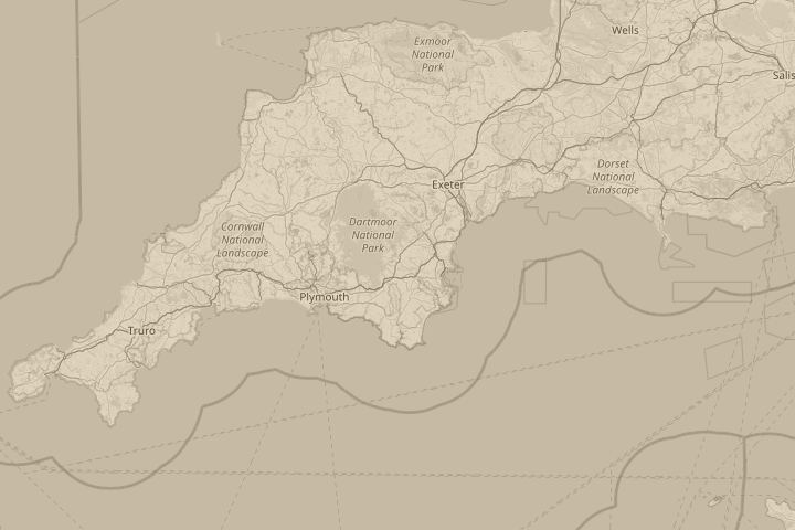 Map of the area around Devon, UK, with the reported position circled