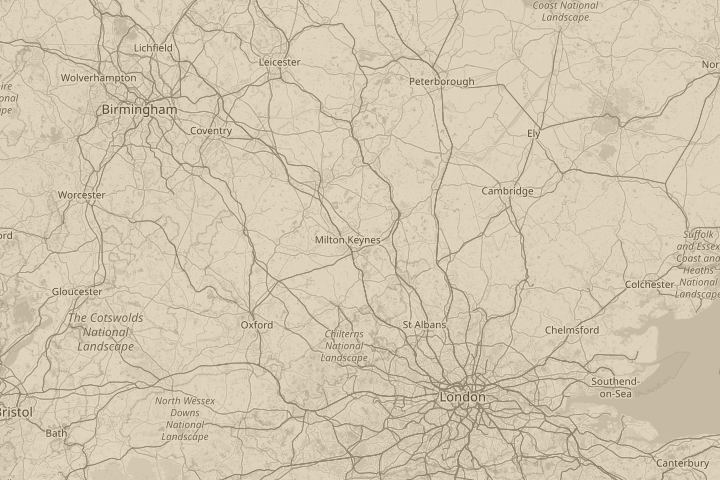Map of the area around Milton Keynes, with the reported position circled
