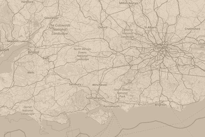 Map of the area around in the sky above us on road, with the reported position circled
