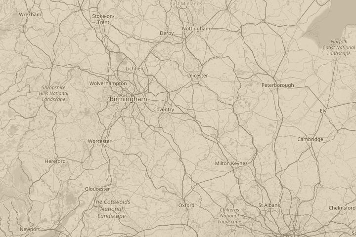 Map of the area around Rugby, Warwickshire, with the reported position circled
