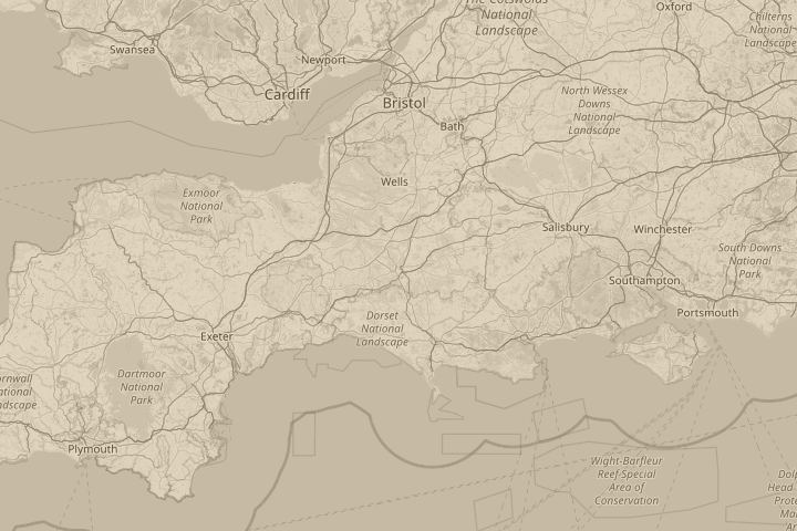 Map of the area around Yeovil, Somerset, with the reported position circled