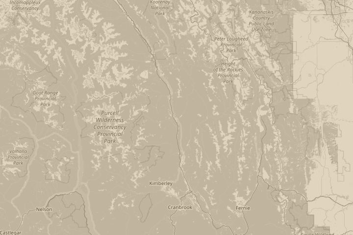 Map of the area around Canal Flats, British Columbia, with the reported position circled