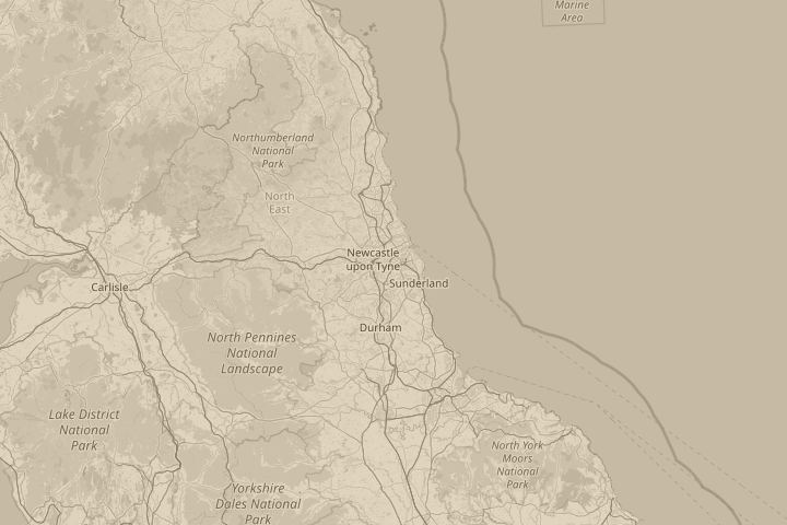 Map of the area around Hebburn, Tyne and Wear, Englan, with the reported position circled