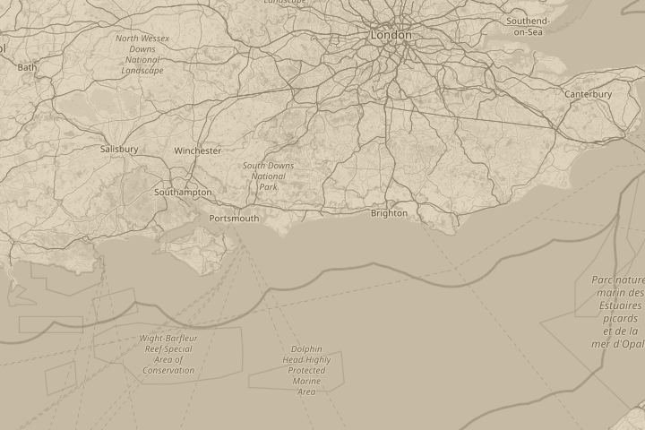 Map of the area around Littlehampton, West Sussex, with the reported position circled