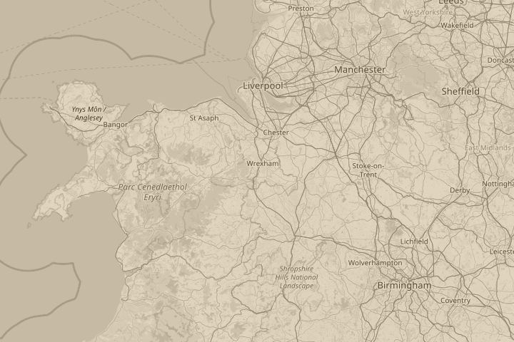 Map of the area around Wrexham, Wales, UK, with the reported position circled