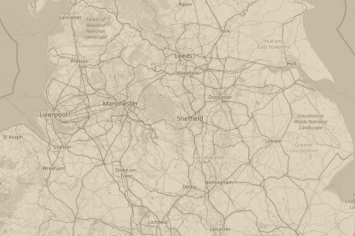 Map of the area around near Sheffield, UK, with the reported position circled