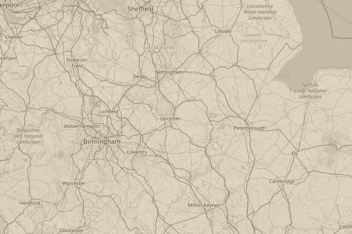 Map of the area around Leicester, with the reported position circled