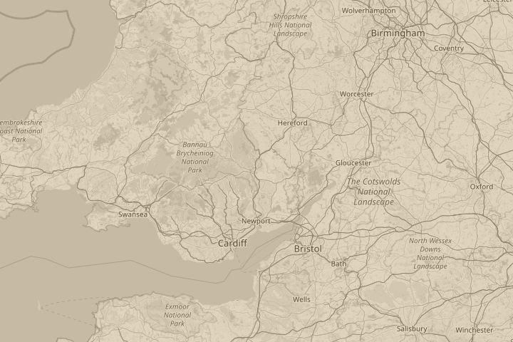 Map of the area around near Abergavenny, Wales, with the reported position circled