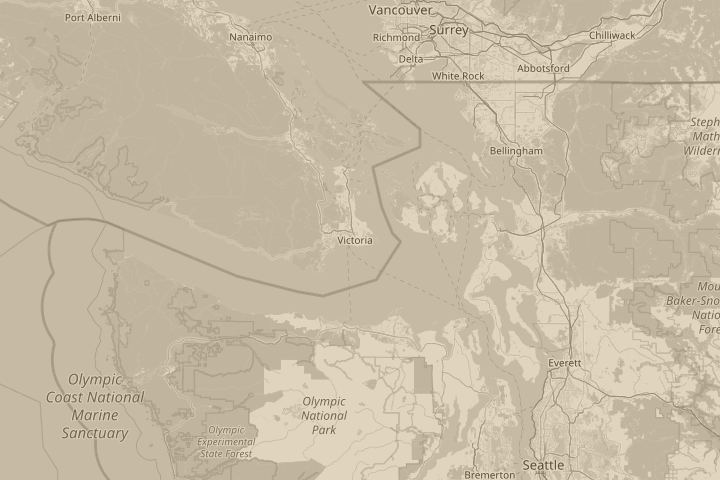 Map of the area around Victoria, British Columbia, with the reported position circled