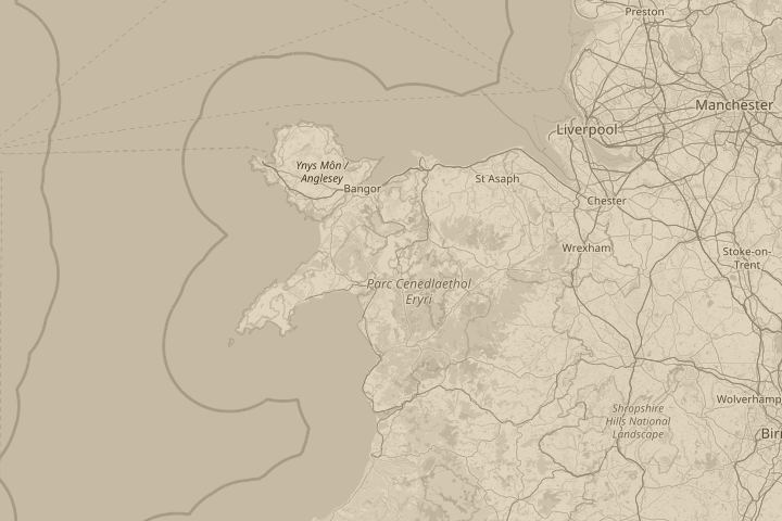 Map of the area around Moelwyn Mountains, Gwynedd, with the reported position circled