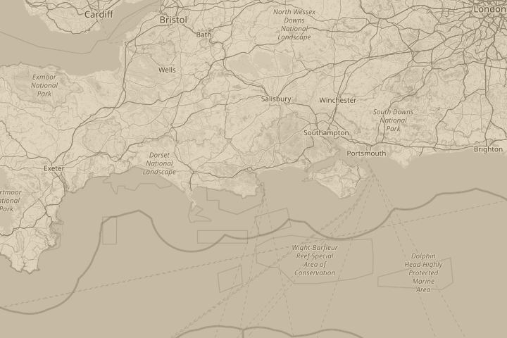 Map of the area around Poole, Dorset, with the reported position circled