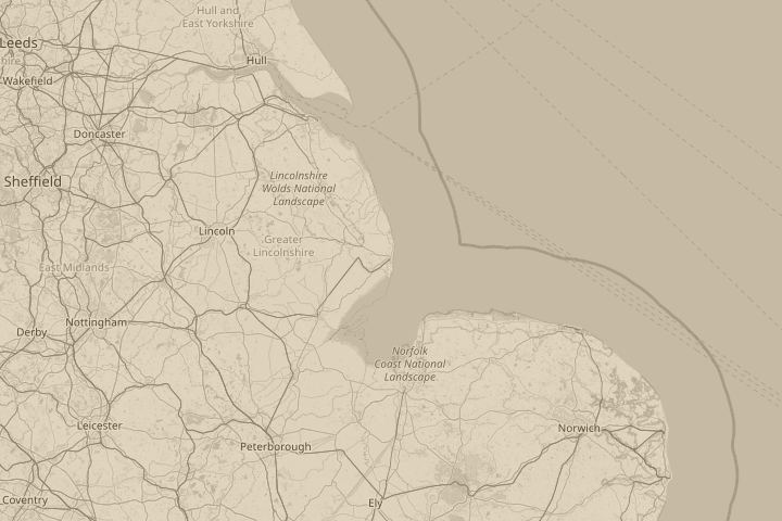 Map of the area around Skegness - over the wash, with the reported position circled
