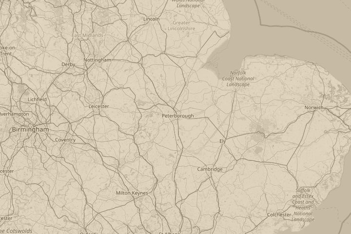 Map of the area around Peterborough, with the reported position circled