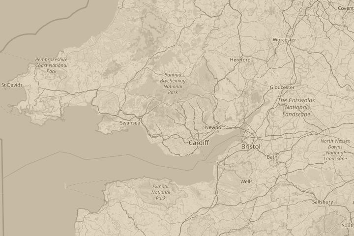 Map of the area around South Wales, with the reported position circled