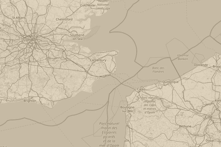 Map of the area around Dover, Kent, United Kingdom, with the reported position circled