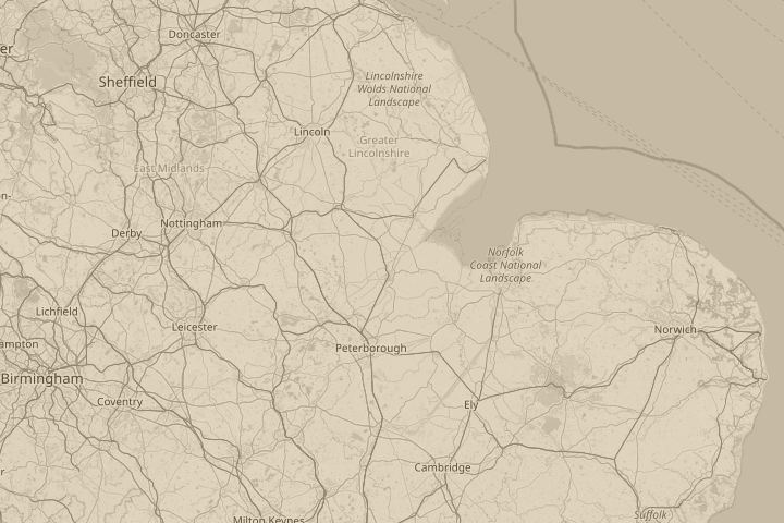 Map of the area around South Lincolnshire, with the reported position circled