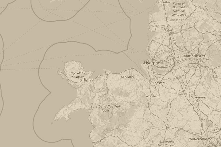 Map of the area around wales, with the reported position circled