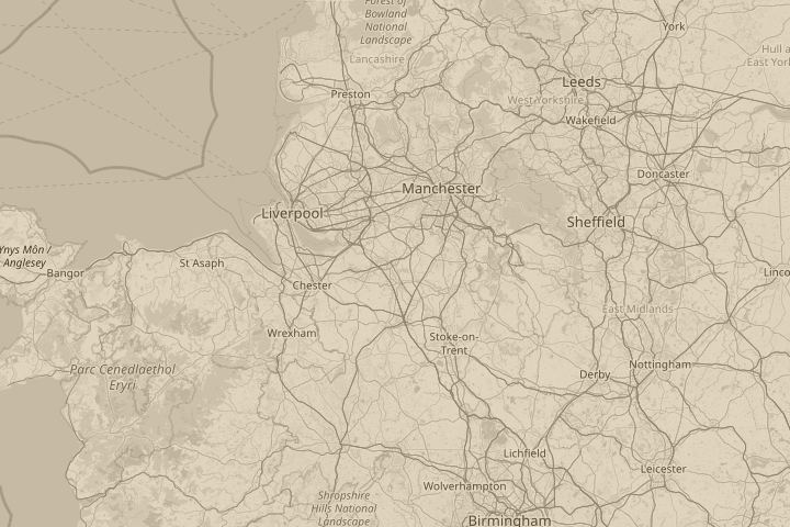 Map of the area around Nr Manchester, Cheshire, UK, with the reported position circled