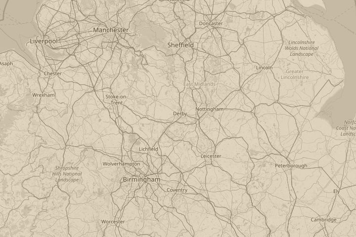 Map of the area around Derby, England, with the reported position circled
