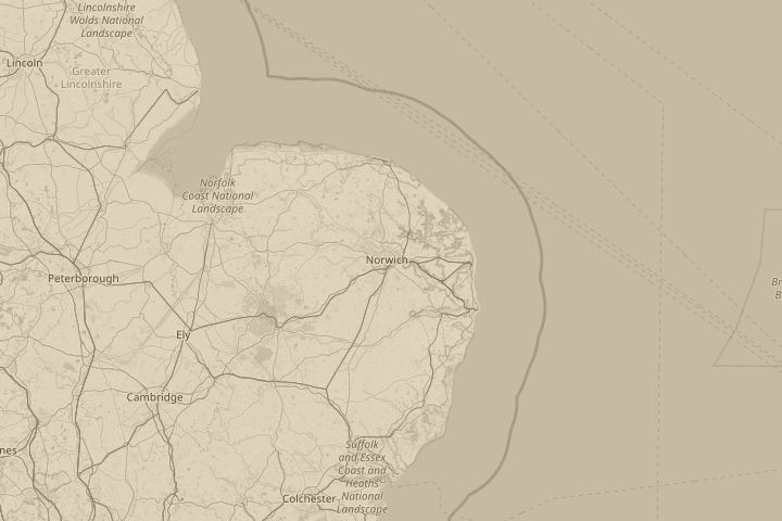 Map of the area around Norwich, Norfolk, UK, with the reported position circled