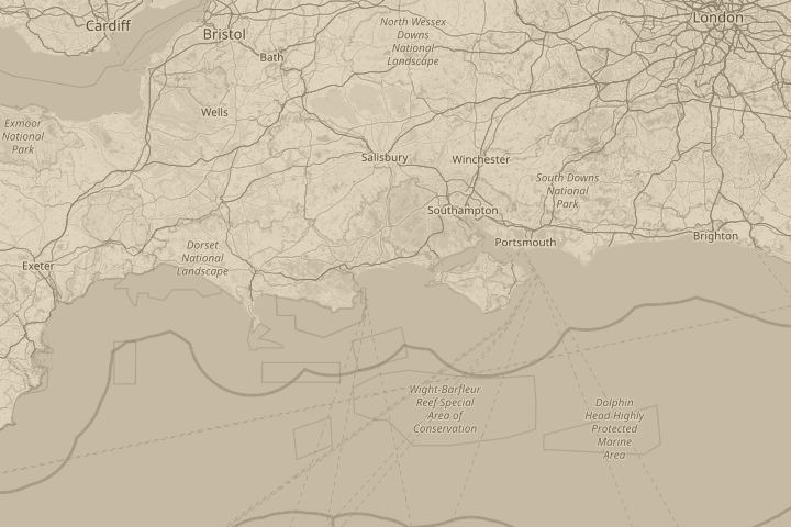 Map of the area around Christchurch, Dorset, with the reported position circled