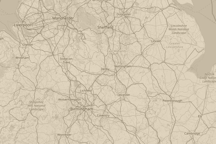 Map of the area around over derby heading south east, with the reported position circled