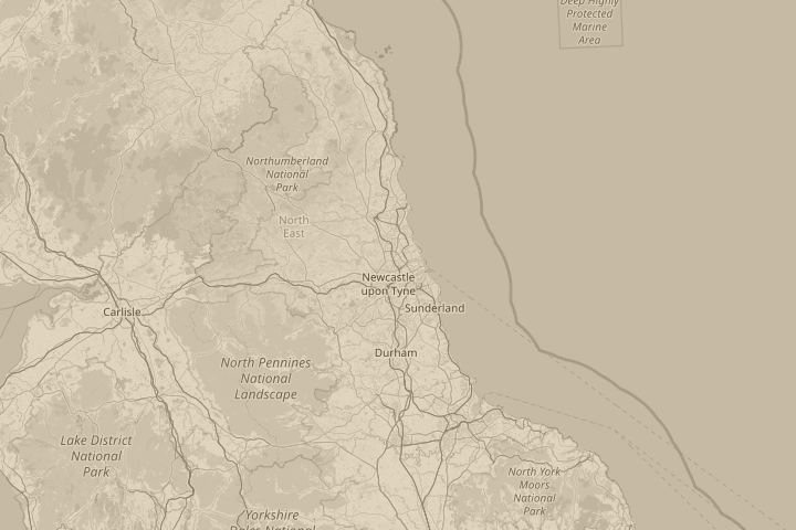 Map of the area around Newcastle, England, with the reported position circled