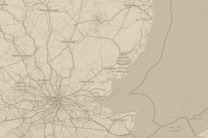 Map of the area around Copford, Essex, England, with the reported position circled