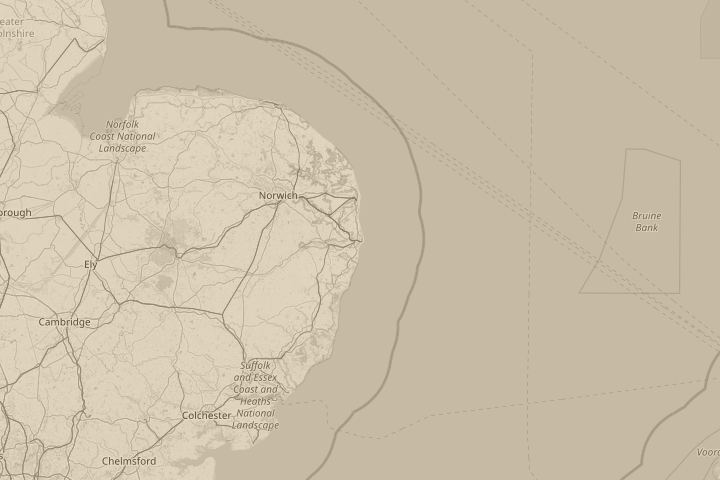 Map of the area around Lowestoft, uk, with the reported position circled