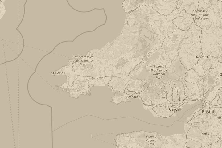 Map of the area around carmarthen, west wales, with the reported position circled