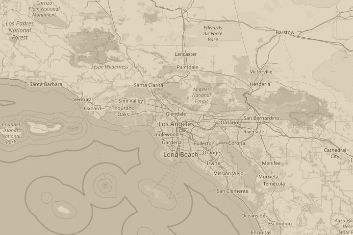 Map of the area around Los Angeles, with the reported position circled