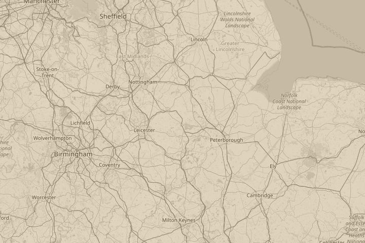 Map of the area around Oakham, Rutland, with the reported position circled