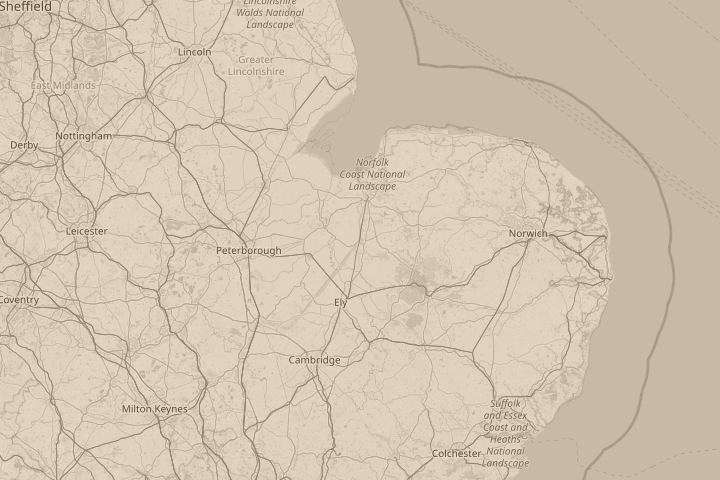 Map of the area around norfolk, with the reported position circled