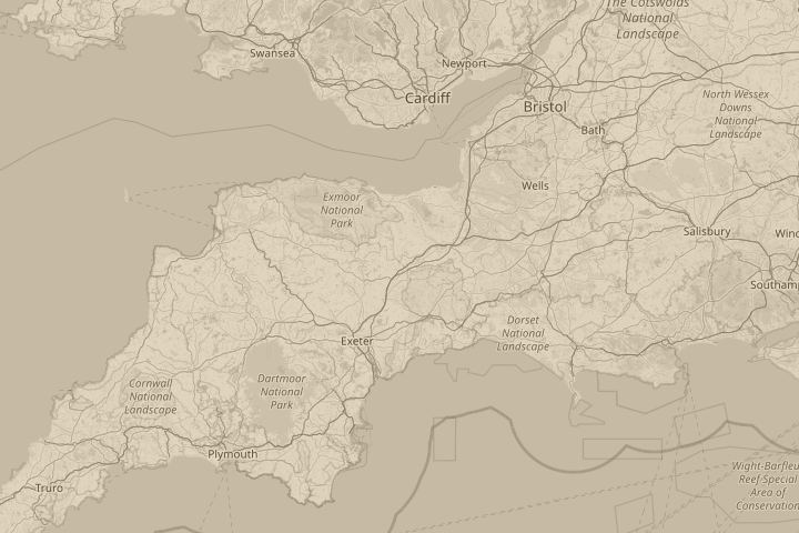 Map of the area around Over Somerset & Devon, U.K., with the reported position circled