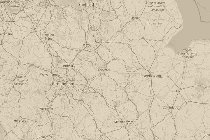 Map of the area around Leicester City, UK, with the reported position circled