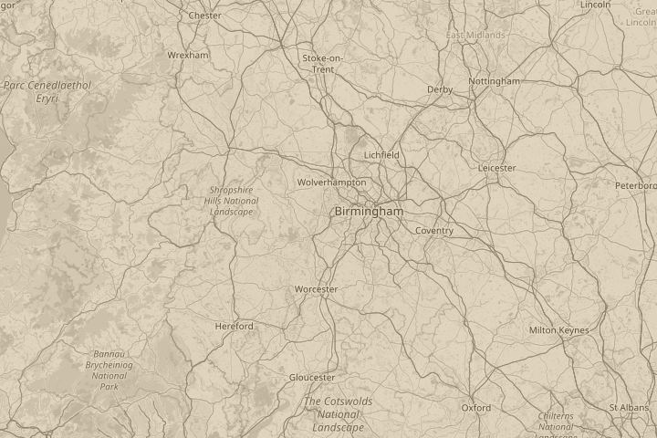 Map of the area around At night in the sky, with the reported position circled
