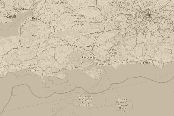 Map of the area around Southampton, with the reported position circled