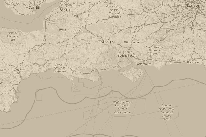 Map of the area around Bournemouth, with the reported position circled