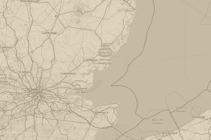 Map of the area around clacton-on-sea, with the reported position circled