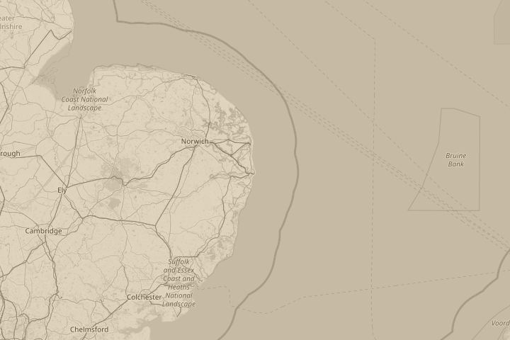 Map of the area around Lowestoft, england north beach, centred on the reported position